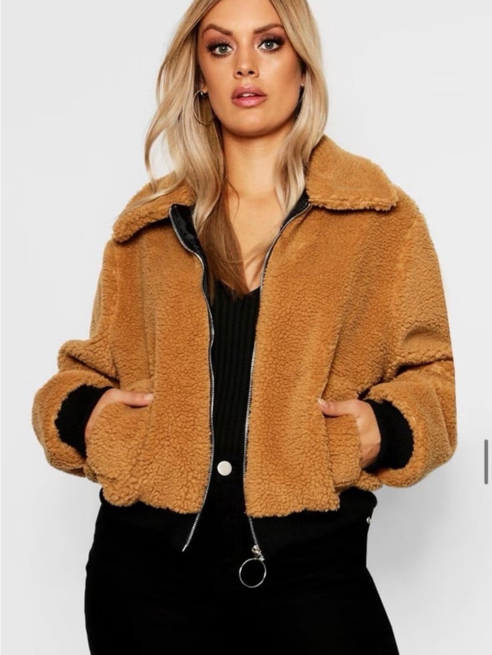 Boohoo Plus Camel Teddy Zip-Front Jacket